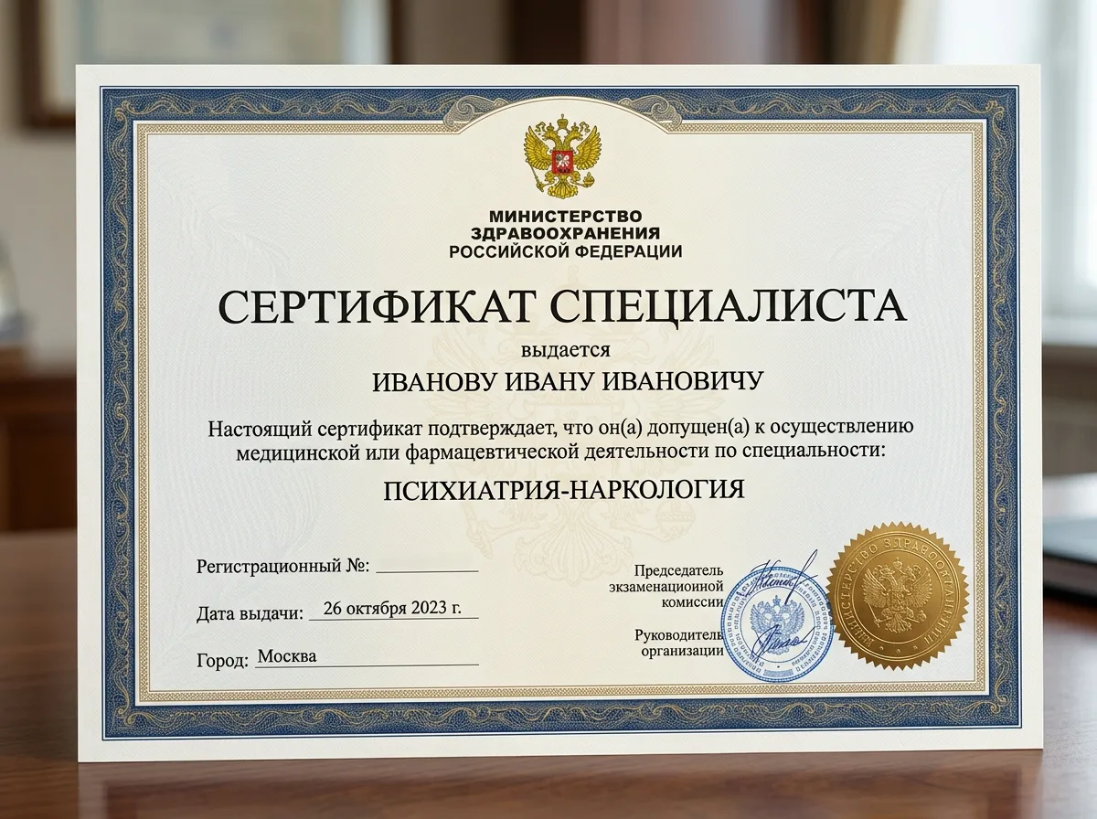Сертификат специалиста врача психиатра-нарколога, выданный Министерством здравоохранения РФ, документ с золотой печатью