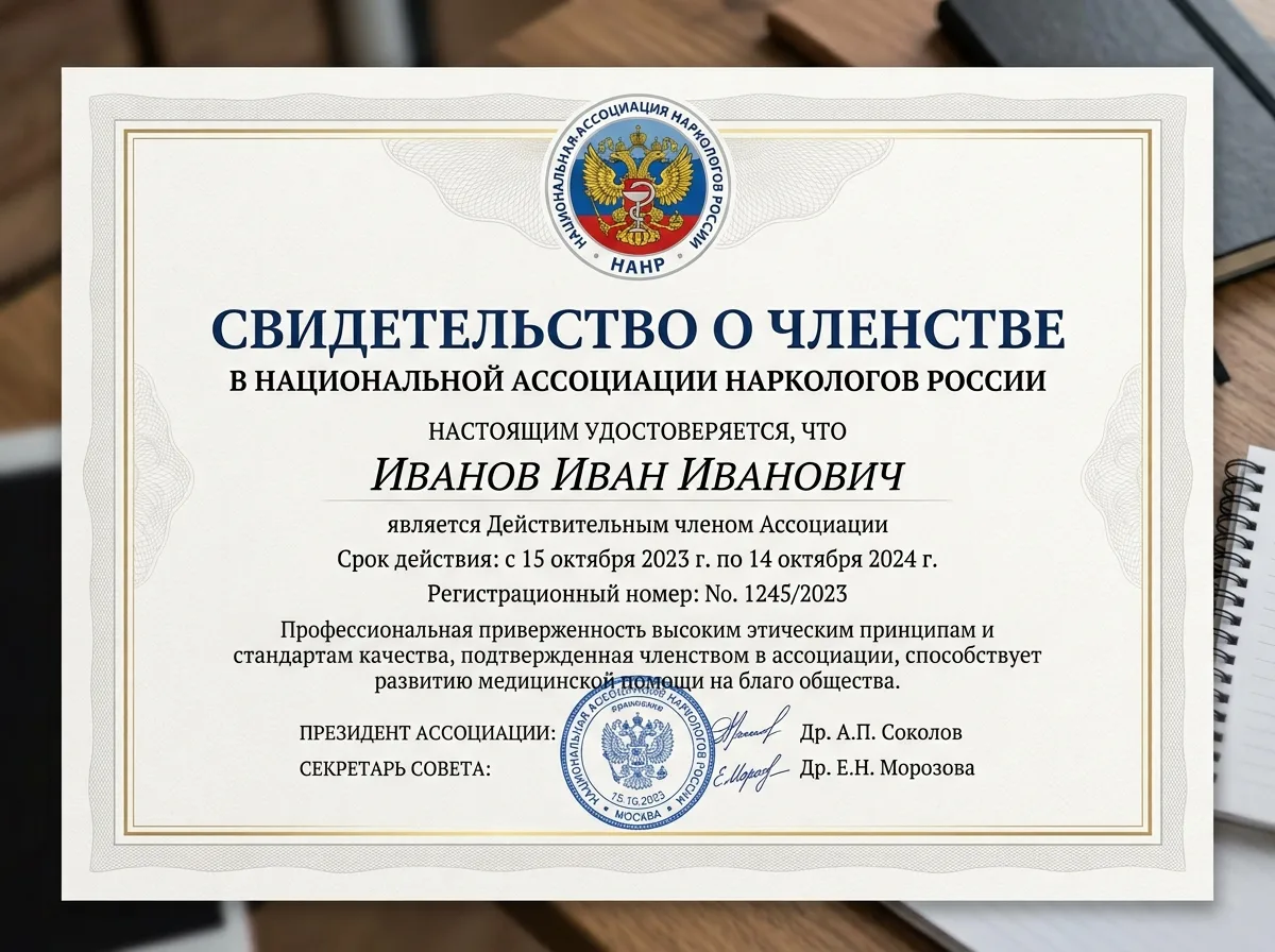 Свидетельство о членстве в Национальной ассоциации наркологов России, официальный документ с логотипом организации